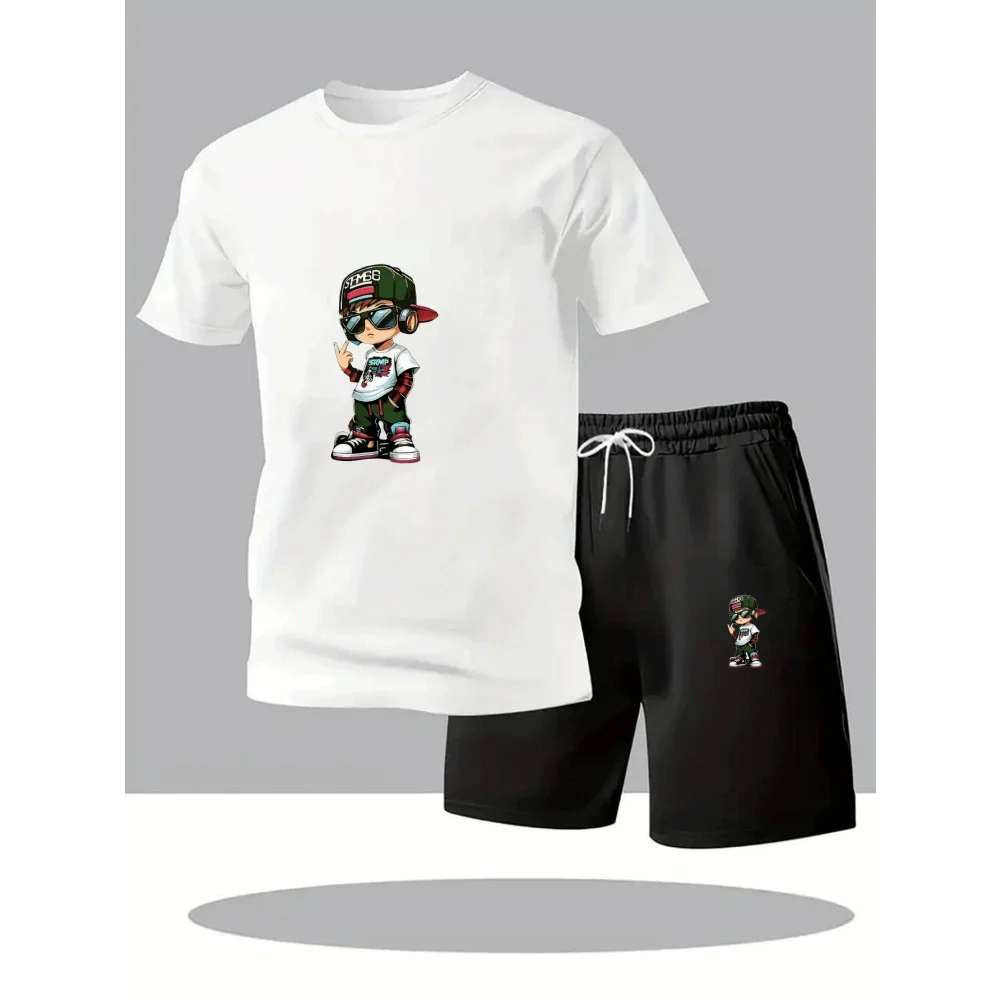 

Hot Sale Summer Men's Short Sleeve T-Shirt + Shorts Set Breathable Quick Dry Casual Sports Suit Round Neck Fitness Home Outdoor
