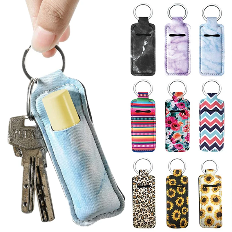 Simple Lipstick Bag Keychain PU Leather Sunflower Leopard Bag Key Chain Gifts Accessory Lip Balm Lipsticks Keyrings Supplies