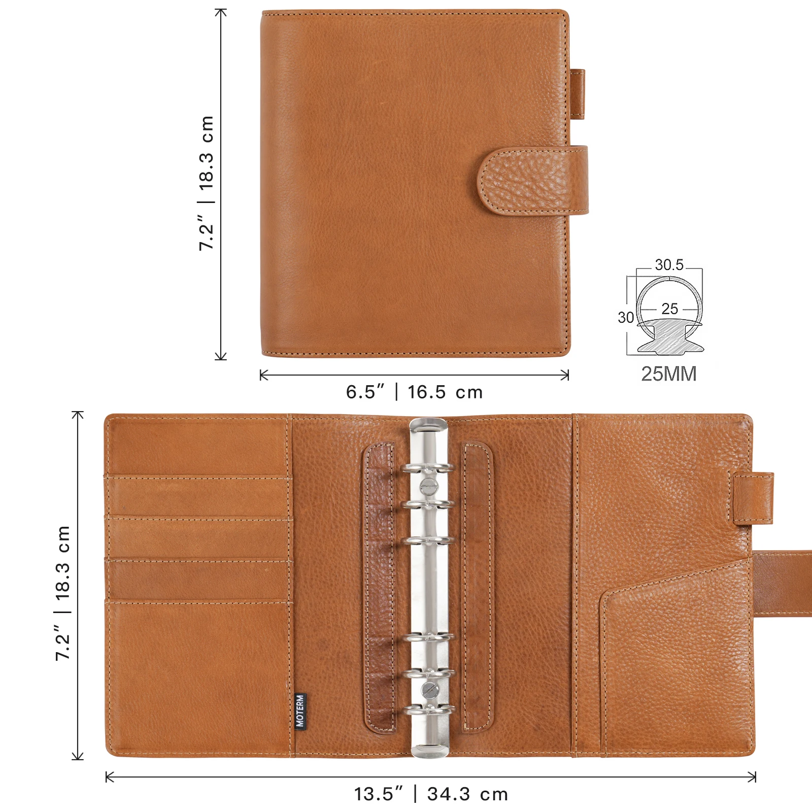 Moterm Personal Wide Size Elite Rings Planner without Big Back Pocket Vegetable Tanned Notebook with 25mm Rings Organizer Diary