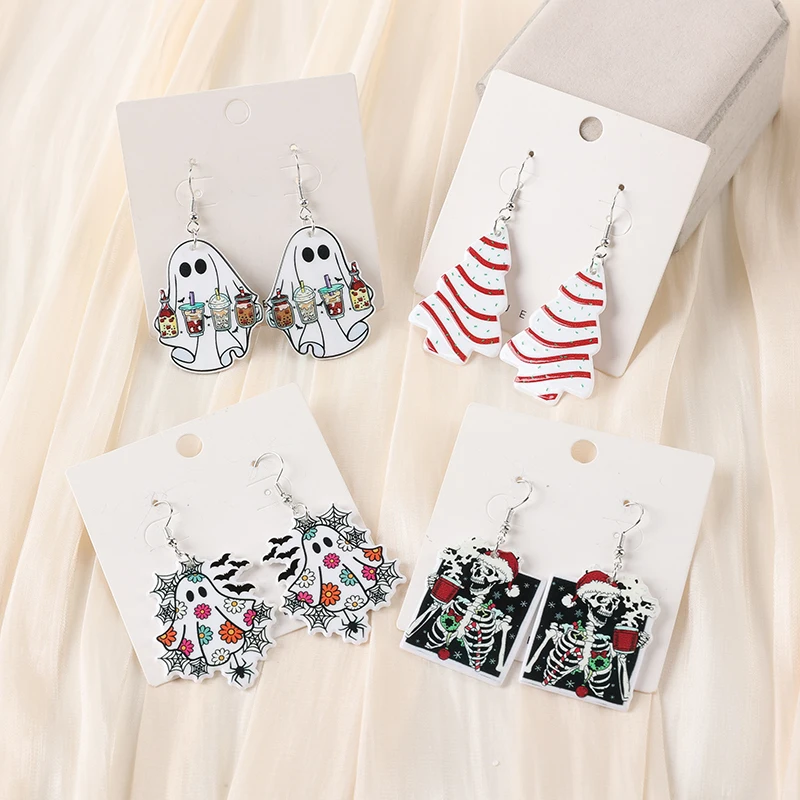 1Pair Christmas Cake Drop Earring Two Side Print Acrylic Ghost Fashion Jewelry For Woman Girl Holiday Birthday Gift