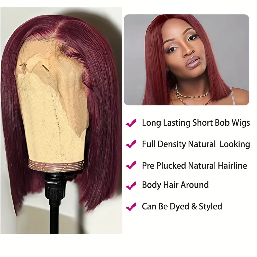 # 99j Burgundy Bob Wig Straight Human HaIr Wigs 13x4 Lace Front Wigs Burgundy Human Hair Pre Plucked 200% Density Short Bob Wigs