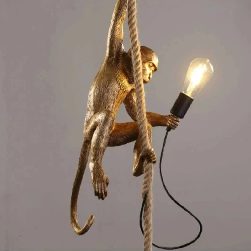 Nordic Creative Hemp Rope Resin Monkey Pendant Ceiling Lamp for Kids Room Bedroom Childrens Home Decor Lighting Fixture