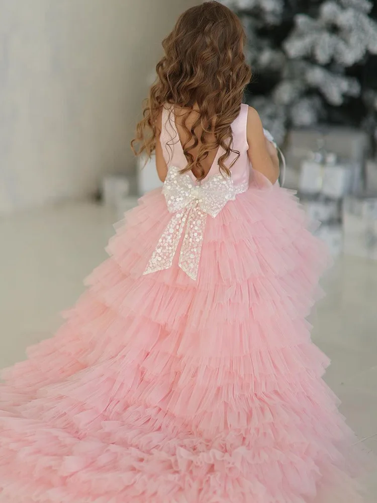 

Tulle Lace Crystals Flower Girl Princess Dresses Children Clothing First Communion Dress Ball Gown Wedding Party Dress Birthday