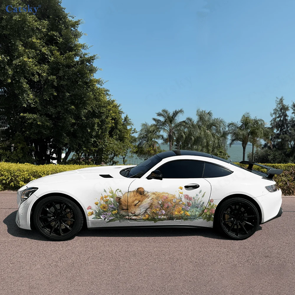 CATSKY.2pcs.Retro Warm and Cute Car Wrap Sticker of Sleeping Animals Amid Flowers (Decorative & Scratch-Resistant, Fade-Proof, W
