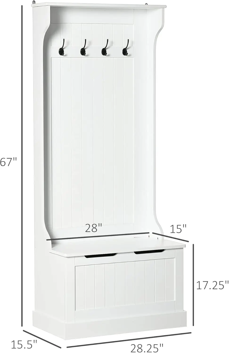 Hall Tree with Bench and Shoe Storage, 3-In-1 Entryway Bench with Coat Rack, 4 Hooks and Top Storage Compartment, White