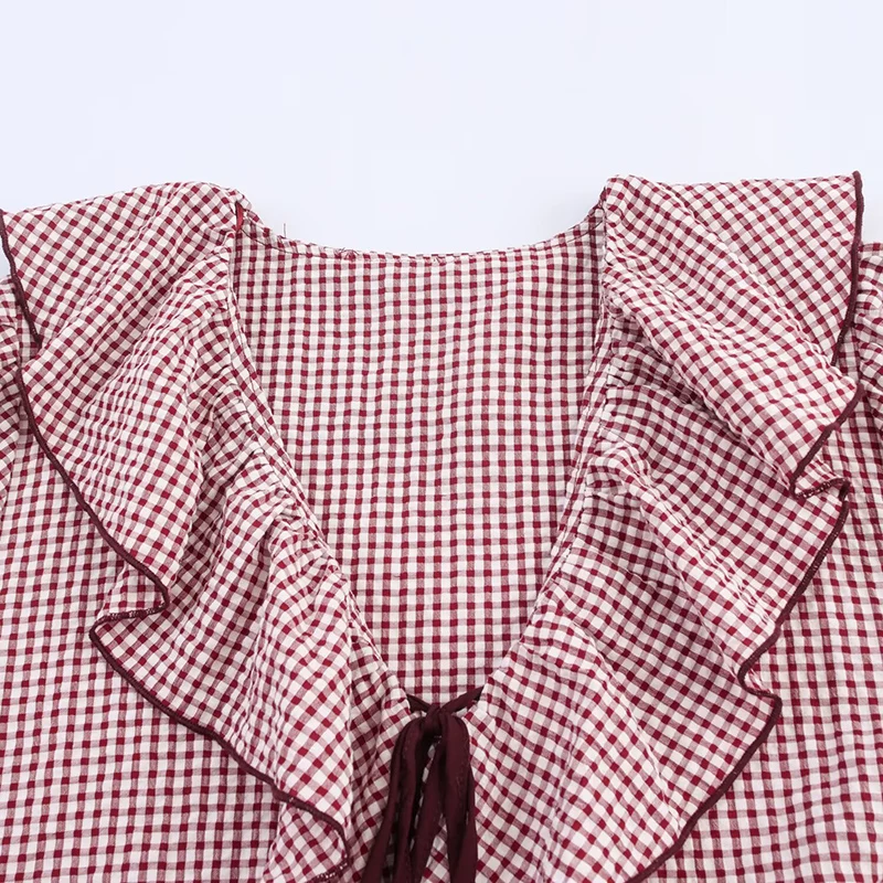 Herbst Plaid Rüschen Lange Ärmeln Layered Dekorative Shirts Frauen Vielseitige Spitze-Up Blusen Weibliche Beiläufige Lose Tops 2025, neue