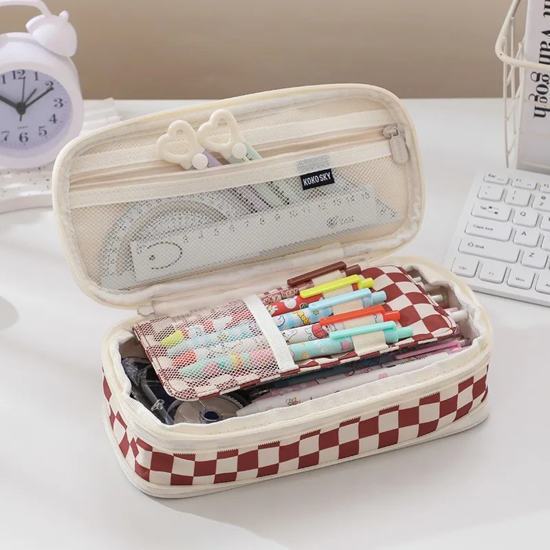 Unisex Retractable Pen Case Made Of Composite Fabric With Multiple Functions And Double Zippers Simple Large-capacity Pen Case