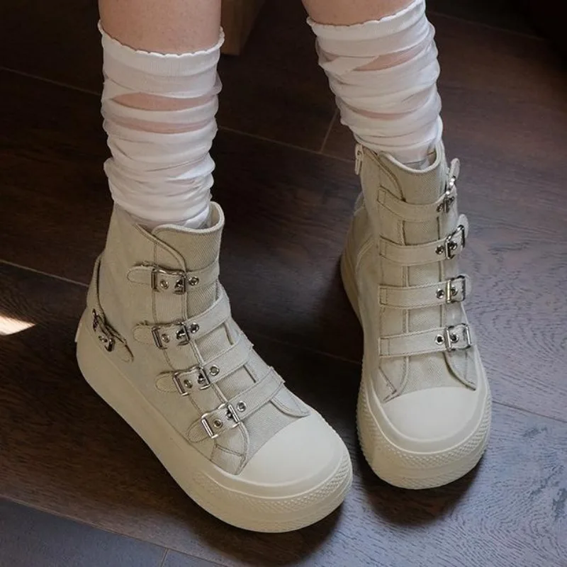 

Women Platform Canvas Shoes Casual Outdoor Versatile Sneakers Buckle Design High Top Boots Fashion Zipper Shoes Female Botines
