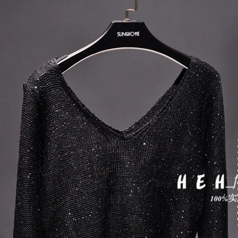 Sequined Double V-Neck Slim Fit Slim Knit Sweater Sparkling Sexy Hollow Bottom Long Sleeve Off-the-Shoulder Top