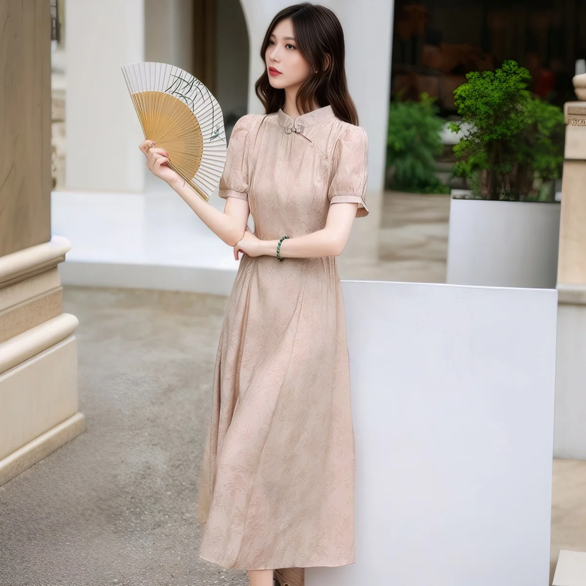 

Summer New Chinese Style Elegant Dresses Women Buckle Stand Collar Short Sleeve Slim Long Skirts Vintage Print Temperament Dress