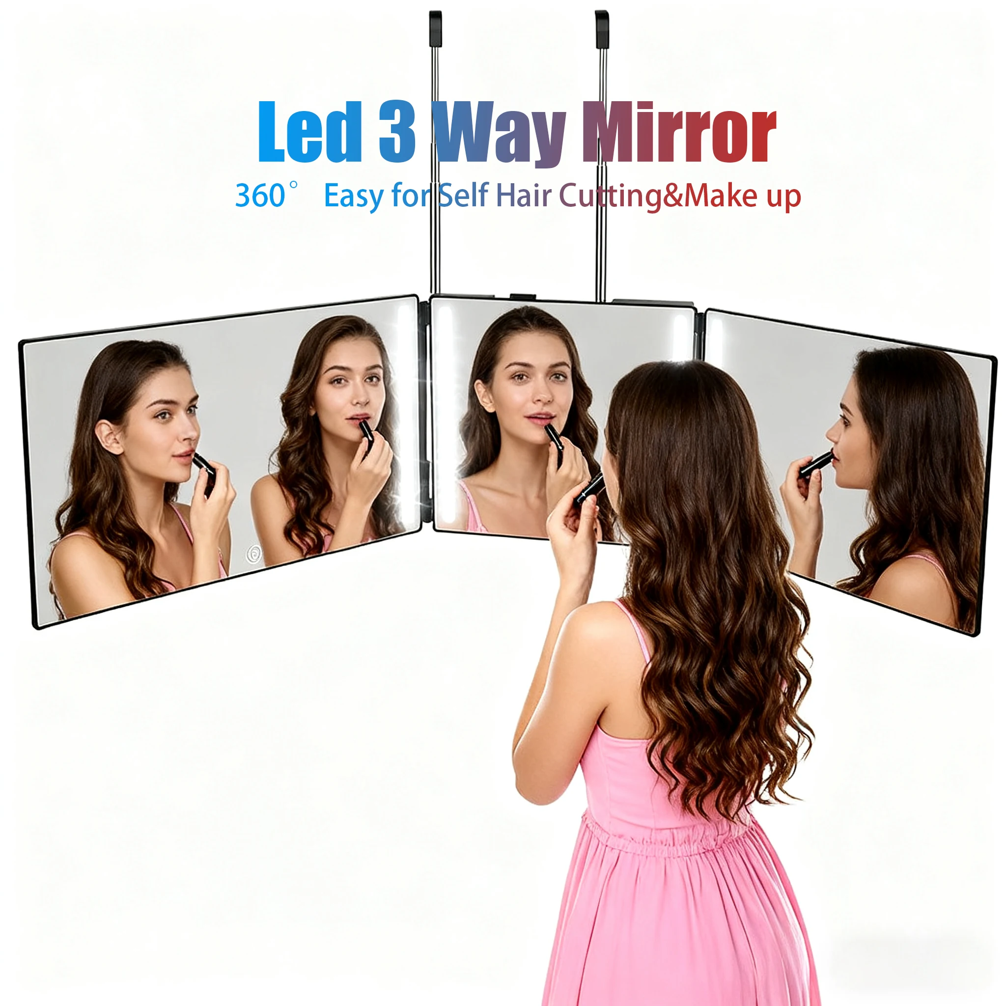 กระจกตัดผมด้วยตัวเองแบบ LED 3 ด้าน - 360 °   พับและยืดหดได้ ดีไซน์แบบชาร์จไฟได้เพื่อการมองเห็นด้านหลังศีรษะได้อย่างชัดเจนระหว่างการตัดผม