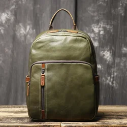 Vintage Men's Genuine Leather Backpack Casual Travel Bag Cowhide Knapsack Colorblock College Soft Bookbag