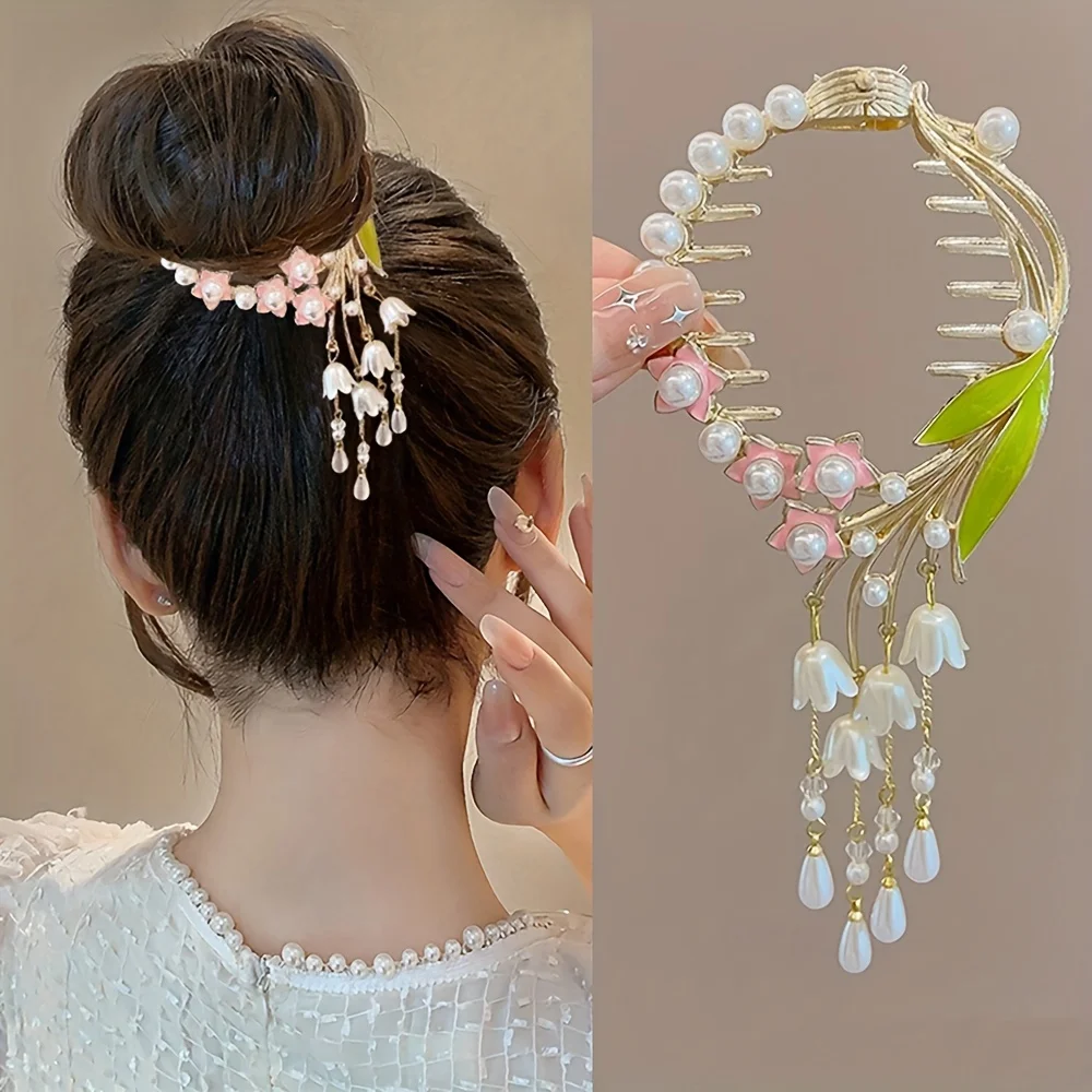 Vintage Luxury Lily Of The Valley Flower Tassel Ponytail Buckle Clip, Rhinestone Metal Hairpin With Faux Pearl Design