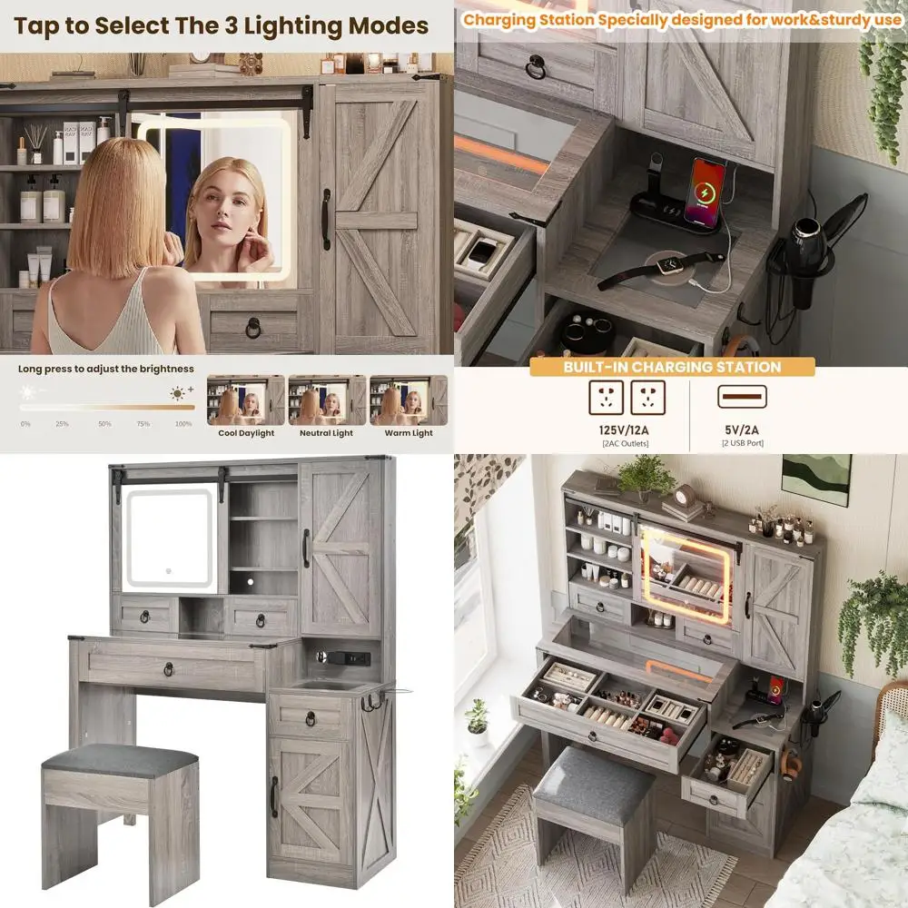Gray Makeup Vanity Desk with Sliding Mirror, Lighting, and Charging Station