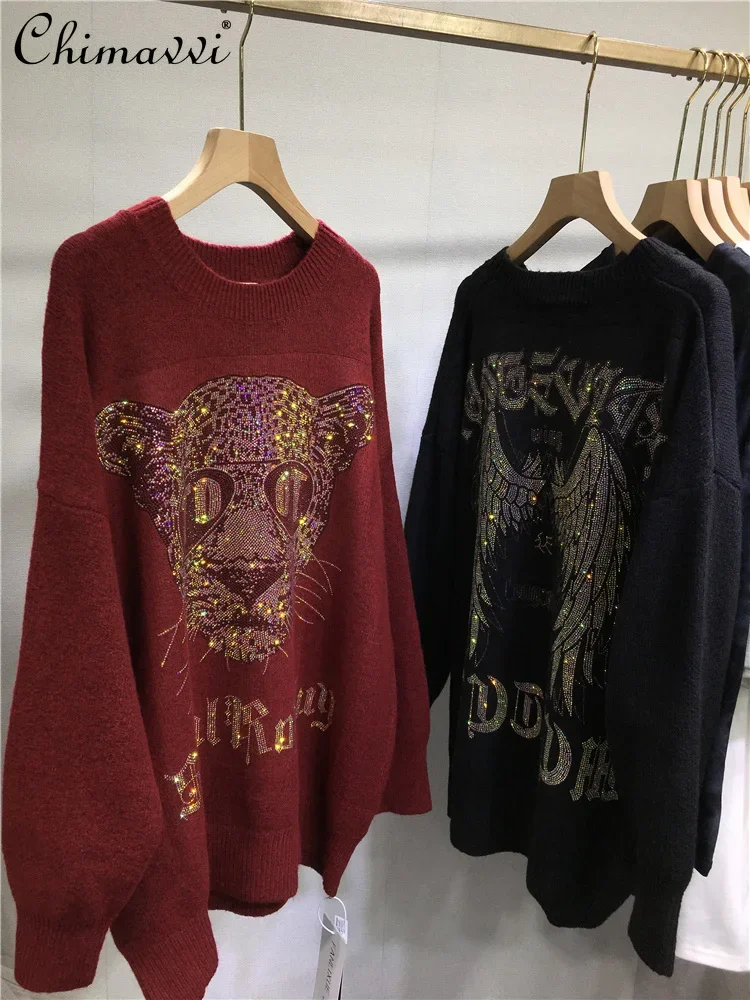 

European Heavy Hot Diamond Sweater Women's Tiger Head Wings Round Neck Loose Ong-sleeved Autumn and Winter Mid-length Knitwear