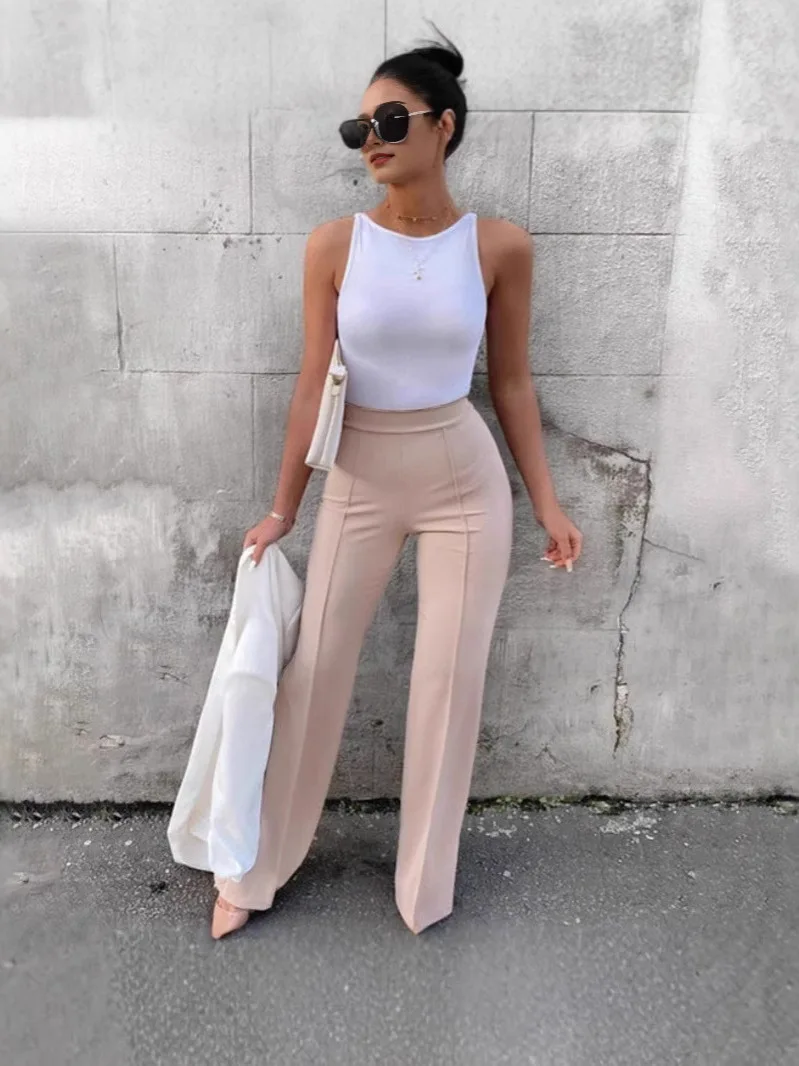 High Waist Micro Flared Pants  Color Street Style Long Pants Polyester Fiber Slim Fit Regular Thickness Summer 2025