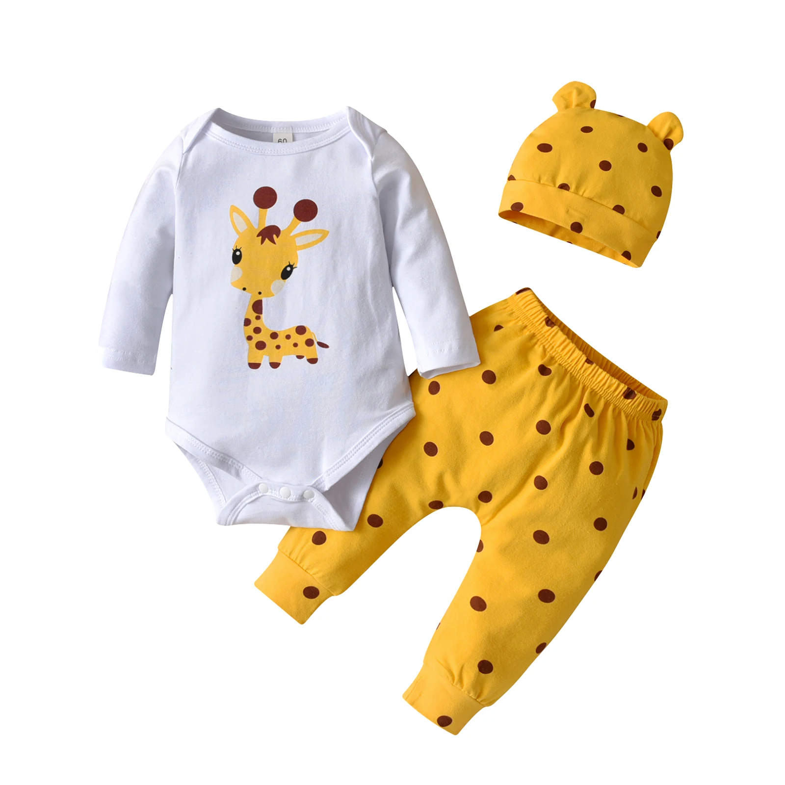 Spring Autumn Newborn Baby Girls Clothes Set Cotton Long Sleeve Deer Print Bodysuit Top + Infant Pants + Ear Cap 3PCS Outfit