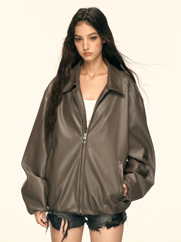 Aaisup Women's Brown Leather Jaet Street Sle Spring Autumn New Faion Workwear Versatile Long Sve Zipper ket Coat