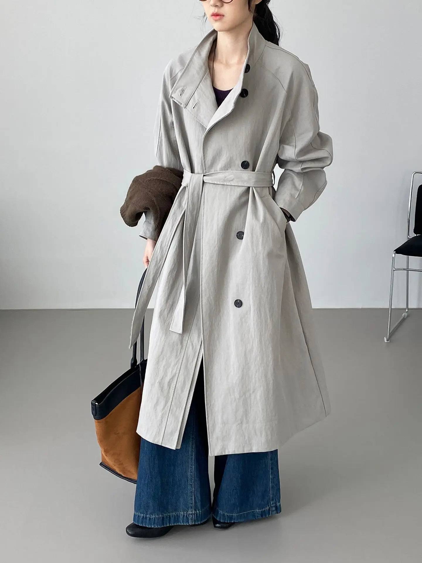 

SuperAen Korean-style Stand-up Collar Trench Coat for Women Oversize Single Breasted Loose Waist Lace-up Long Coats