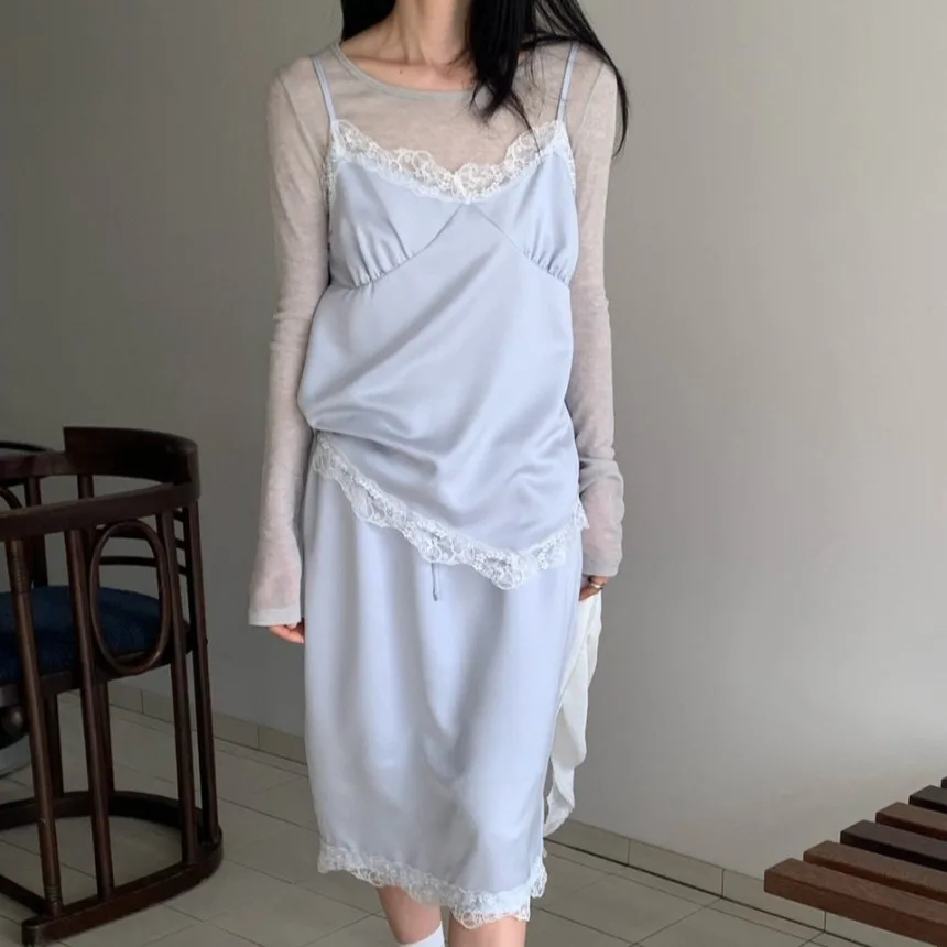 

Korean Style Lace Halter Top And Skirt Set Women's Fashion Summer New Arrival High Waist round Neck Two Piece Set