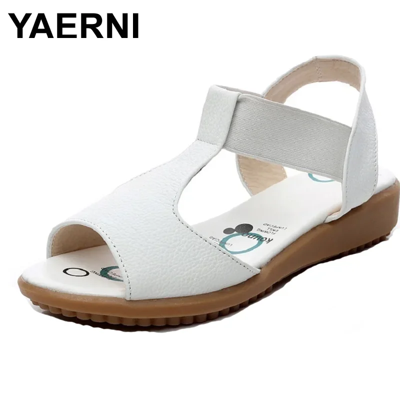 YAERNI – sandales plates en cuir véritable pour femmes, chaussures d'été à bout ouvert, grande taille 34 à 43, blanches et noires