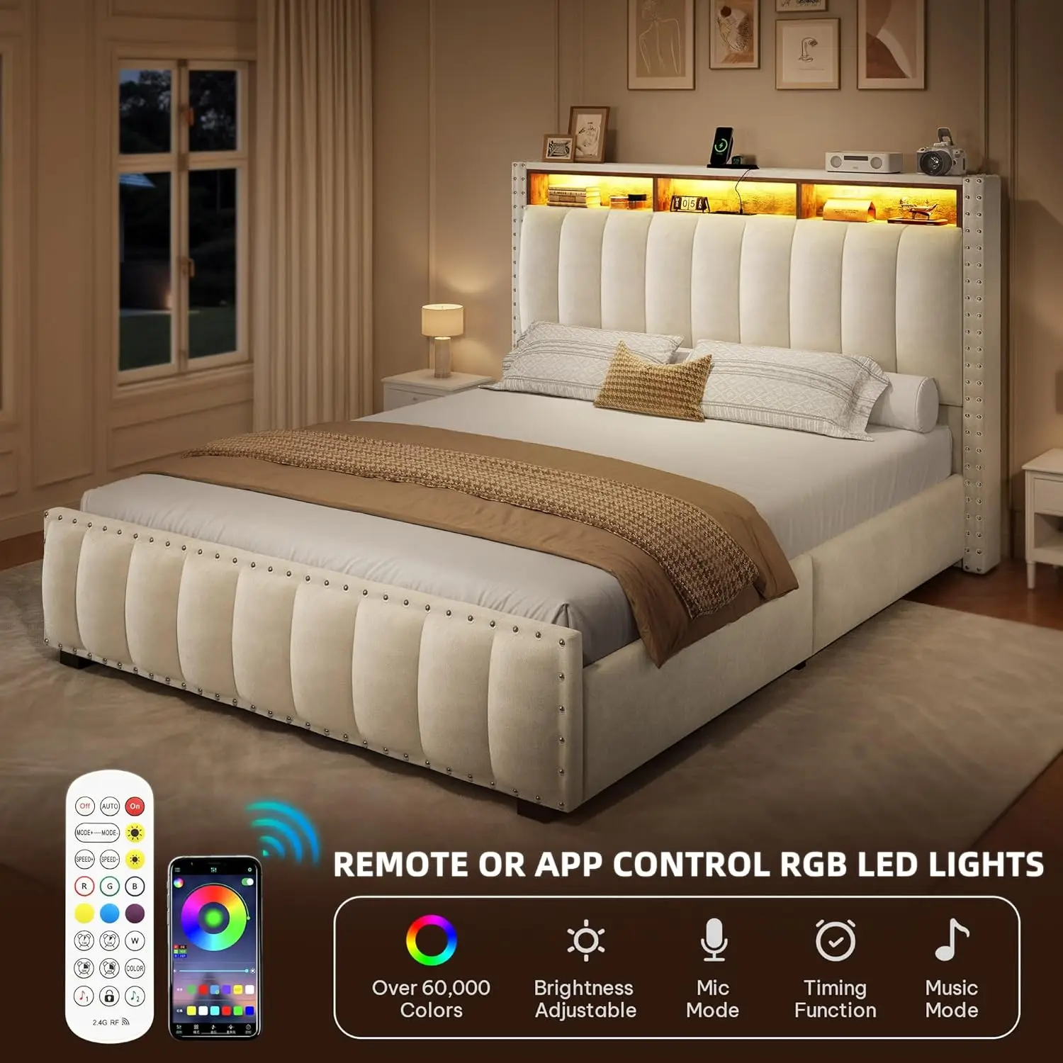 إطار سرير للتخزين مع محطة شحن سرير بمنصة منجدة مخملية مع أضواء RGB LED للتخزين اللوح الأمامي Wingback R