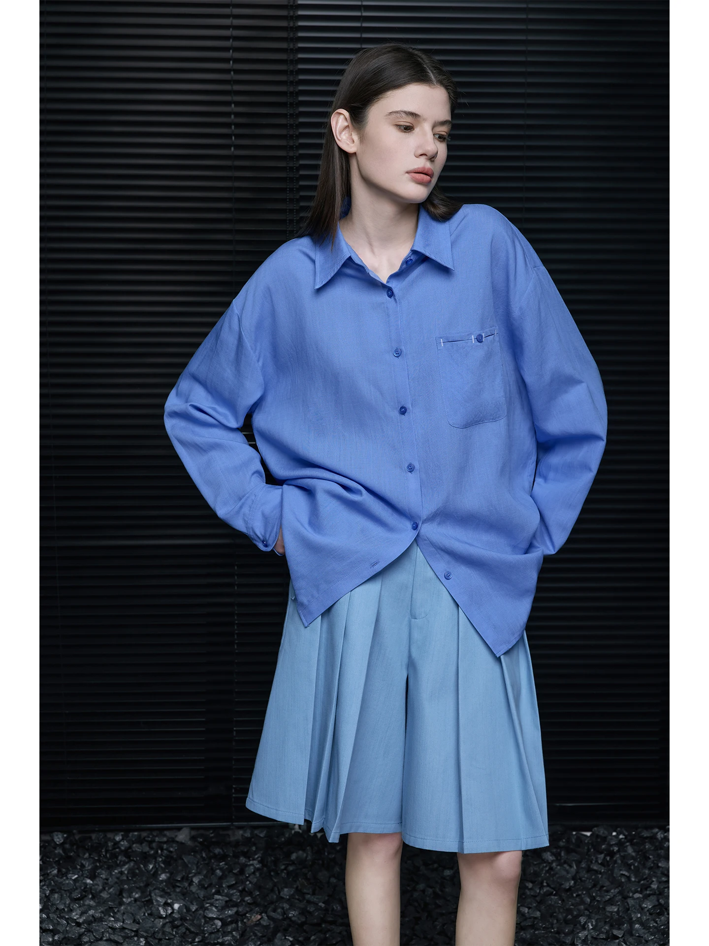 

Blue Long Sve Loose Women's irt Spring 2026 Street Sle Casual Luxury Anti-Aging Unique Design Cool Feeling Regular Fit