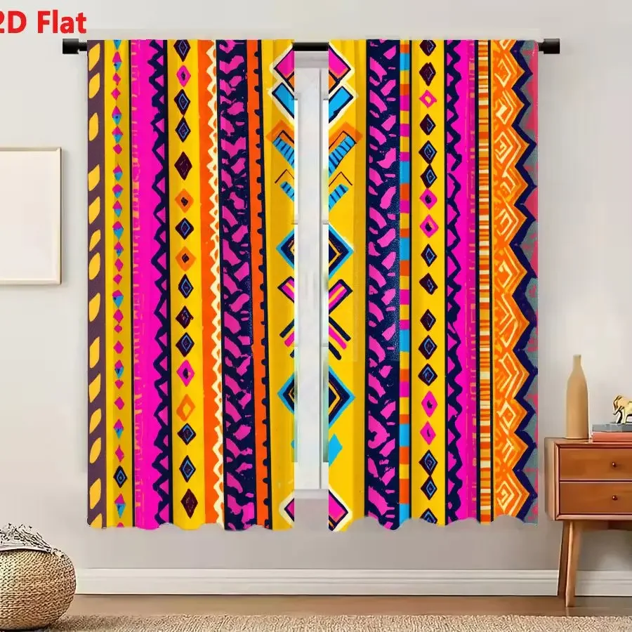 Vibrant Geometric Pattern Living Room Curtains Yellow Pink Multi Color Festival Style Window Drapes