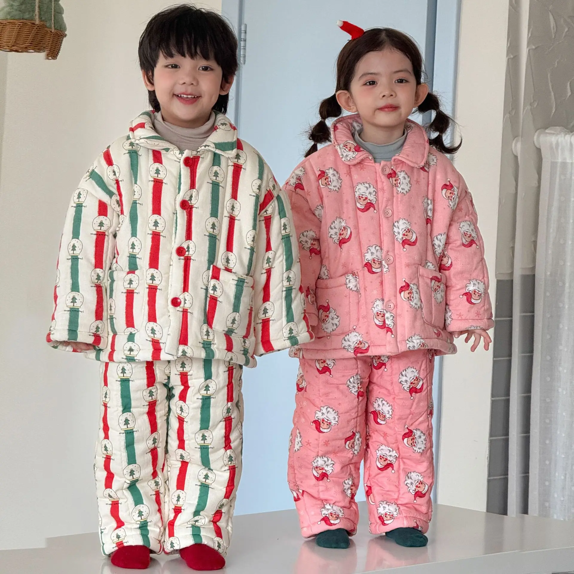 2026 Winter New Children Home Clothes Set Plus Velvet Thick Boys Girls Quilted Pajamas 2pcs Suit Kids Warm Christmas Outfits