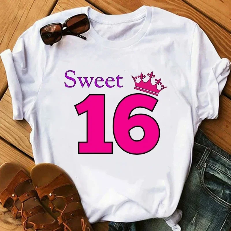 

The Queen Of Sweet 16 Birthday Gift Tops For Girls Tshirt Women White Casual T-Shirt Femme Harajuku Shirt Kawaii Clothes
