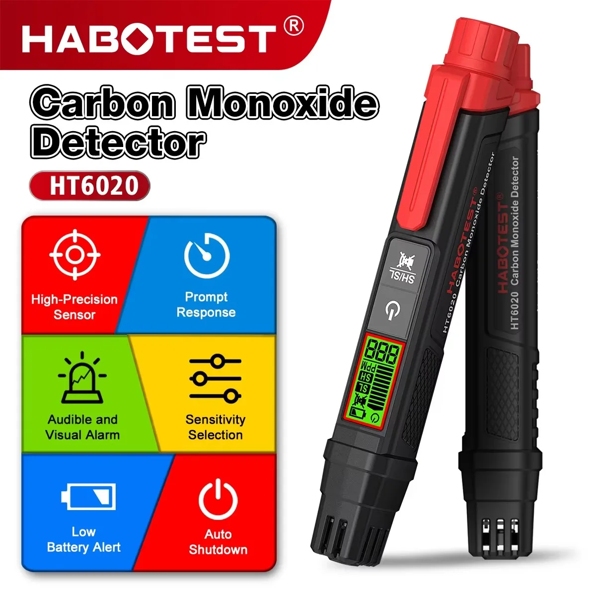 HABOTEST HT6020 Carbon Monoxide Detector Pen High Precision CO Gas Leak Tester Audible Visual Alarm Adjustable Sensitivity