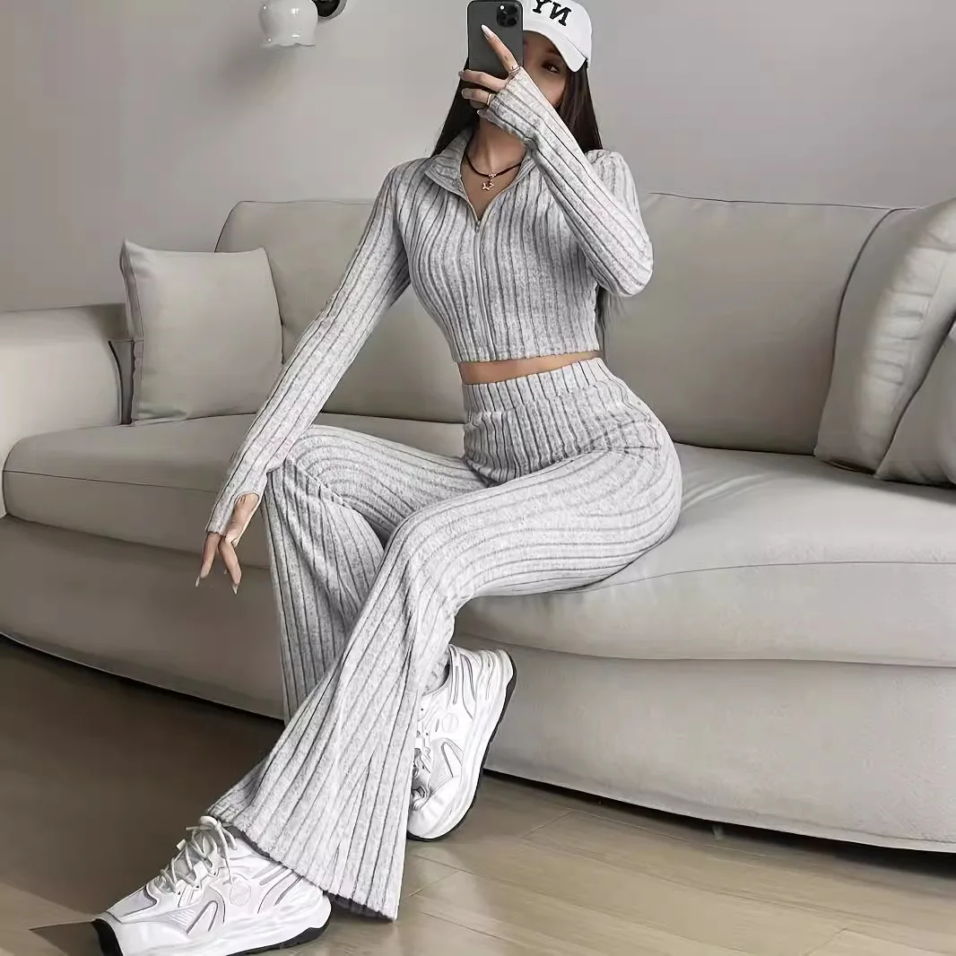 

Two Pieces Women Pant Sets Casual Matching Sets Solid Zipper Long Sleeves Short Loose Top Empire Waist Flare Pants 2025 Autumn