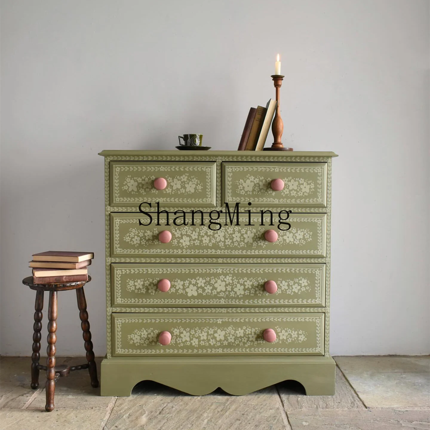 

FG retro green solid wood chest of drawers modern simple hand-painted simple locker furniture