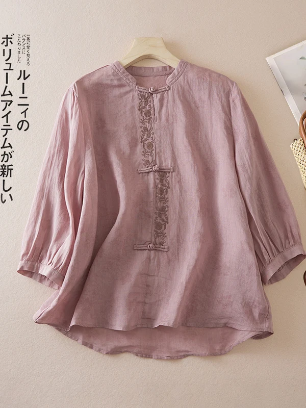 Retro Embroidered Cotton Linen Thin irt Large Size Women's Button Stand Collar Seven Sve Zen Tea Costume Top