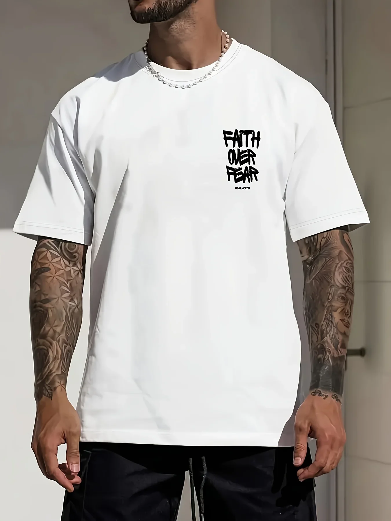 Summer Men's 100% Pure Cotton Casual Fashionable Loose FAITH OVER FEAR Letter Printed Round Neck Short Sleeved T-shirt