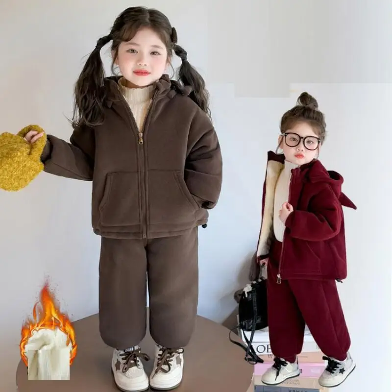 

Зимний комплект из двух предметов для девочек, утепленное пальто, брюки, осенняя толстовка, топы, спортивная одежда, детская универсальная кавайная модная новая повседневная одежда