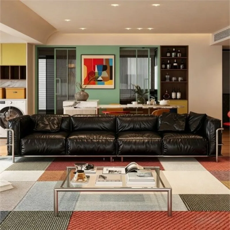French retro style Corbusier black first-layer cowhide sofa, living room straight row antique bag sofa