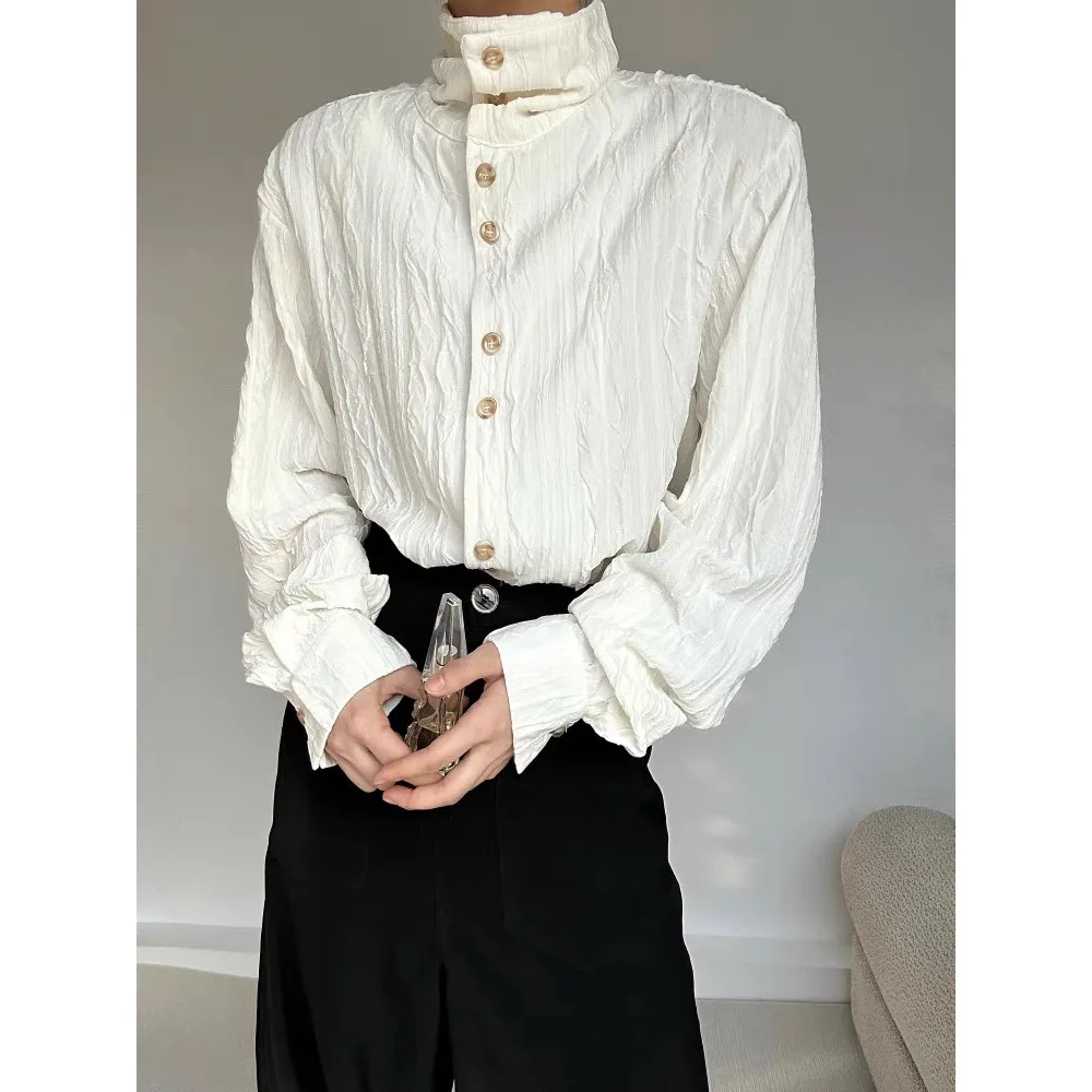 التجاعيد الملمس الإحساس القمصان للرجال الوقوف طوق كم طويل فضفاض قميص ربيع الخريف خمر الفرنسية موضة عادية