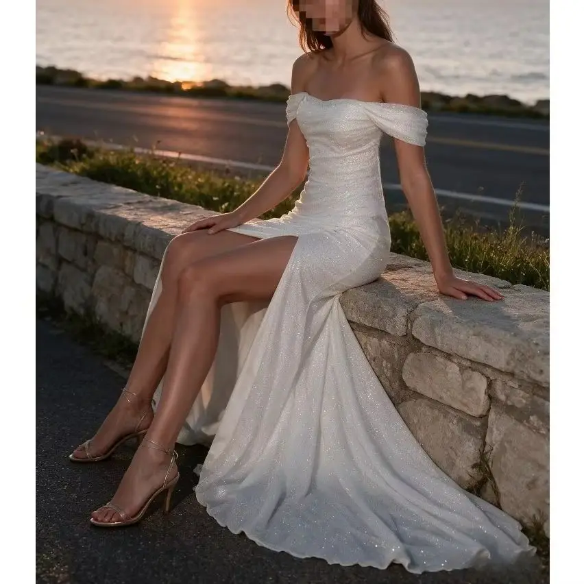 Customized Light Luxury Off Shoulder Sequin High Waisted Slit Wedding Dress 2026 Pleated Strapless Mermaid Bride Dress with Tail