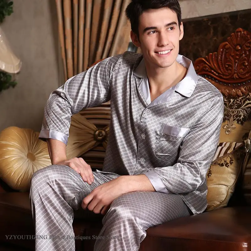 Spring Autumn New Male 2PCS Pajamas Set Sleepwear Print Long Sleeve Trouser Pijamas Suit Loungewear Loose Silk Satin Home Wear