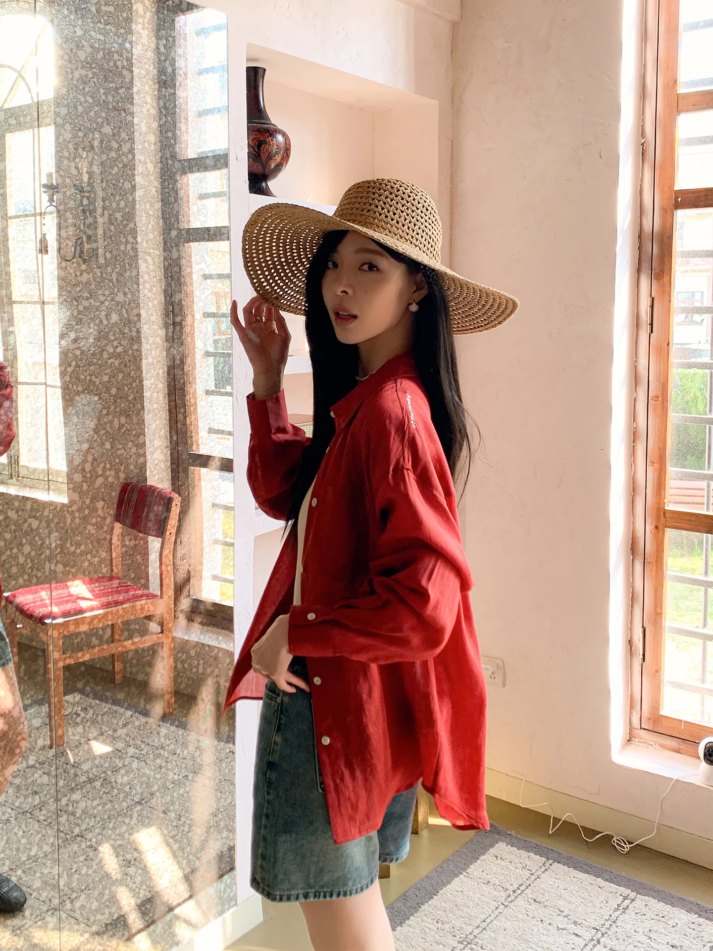 

Red Flax Loose Long Sleeve Shirt Women's Casual Style Breathable Comfortable Spring Summer New Vintage Hong Kong Style Embroi...