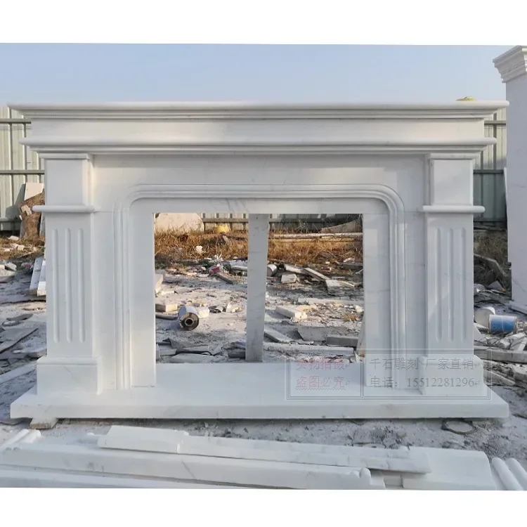 yh French light luxury marble stone fireplace simple decoration living room stone carving white decorative cabinet customization