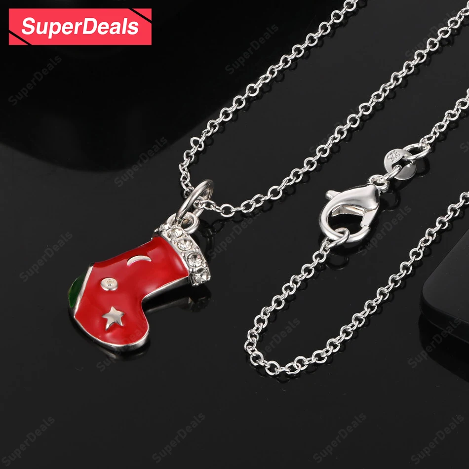 

SuperDeals 925 Sterling Silver Christmas Stocking Pendant Necklace Classic Zircon Fine Cute Jewelry For Birthday Gift Lady Party