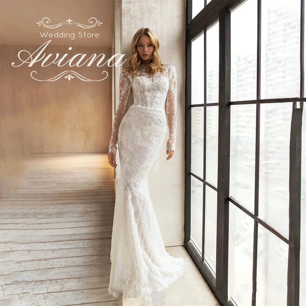 Aviana Customized Long Sleeve Sweep Train Lace Mermaid Wedding Dress Embroidery High Neck Embroidered Bridal Gown Elegant 2025