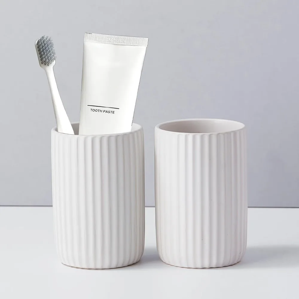 

Toothbrush Holders for Bathrooms, Ceramic Tooth Brush Holder Set, Ribbed Bathroom Cups Tumbler, Reusable Toothbrush Mouthwash