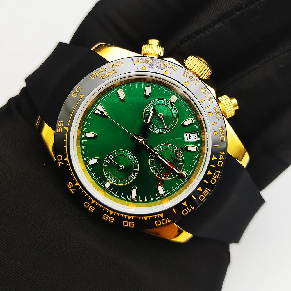 Luxury Green Gold Three Eyes Chronograph Panda Aseptic Dial Luminescent Quartz Watch VK63 Caliber Sapphire Glass Men\'s Watch