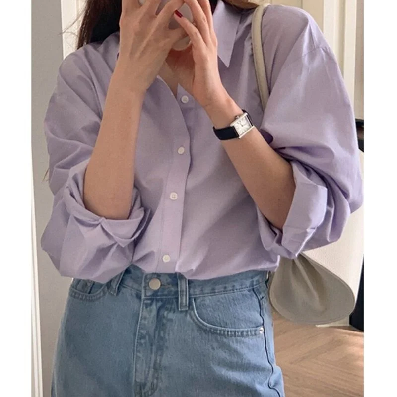 Women Japanese Style Solid Color Trendy Collared Long Sleeve Shirt Girls Simple Casual Versatile Commuter Long Sleeve Top