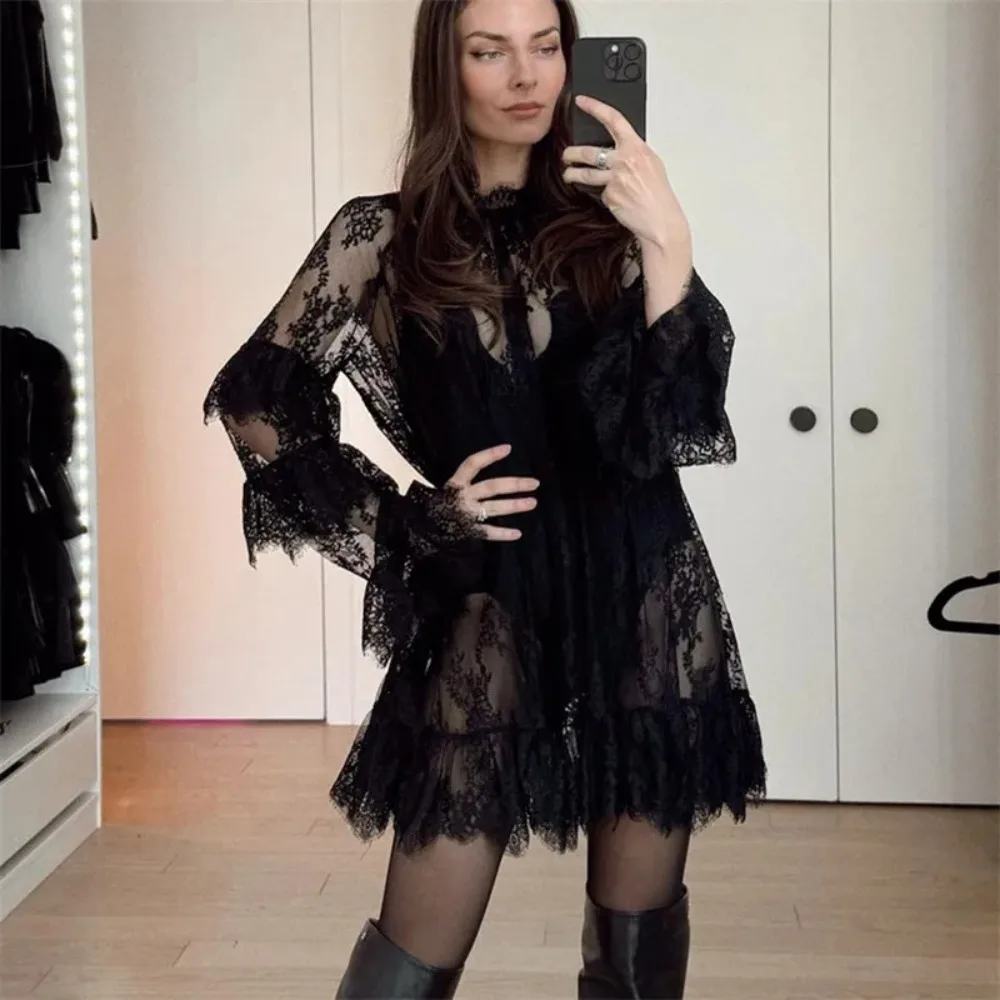 Frauen Spitze Sheer Kleid Sexy Durchsichtig Mesh Langarm High Neck Floral Cover Up Cocktail Party Mini Kleider