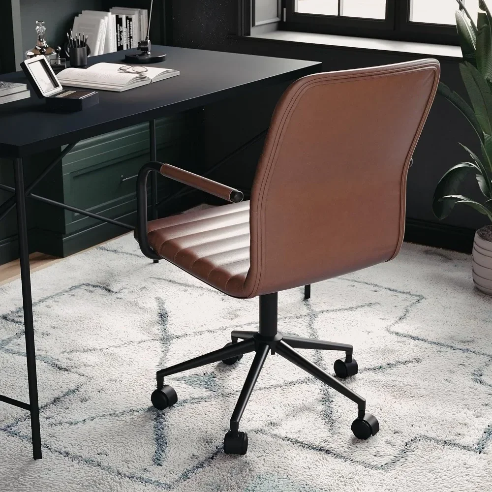 TSwivel Task Chair With Armrests for Home Office in White Faux Leather With Polished Brass Frame Computer Armchair Gamingchair