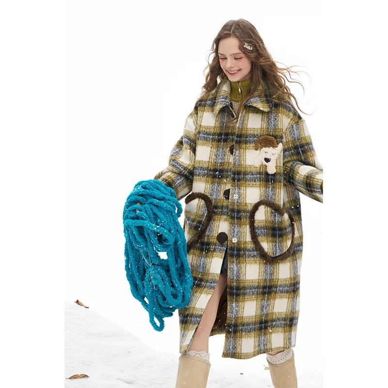 ELFSACK Y2K Casual Stripe Single Breasted Dog Graphic 3D Heart Pocket Long Wool Coat For Women